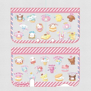 May include: A pink and white striped sticker sheet featuring various cartoon characters and food items. The sheet includes characters like Hello Kitty and Cinnamoroll, with phrases like "Snack time?" and "Good night."