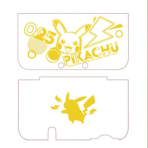 May include: A white protective skin for a handheld gaming console featuring yellow graphics. The top piece displays a Pikachu character, the number 025, a lightning bolt, and the text PIKACHU. The bottom piece shows a yellow silhouette of Pikachu.