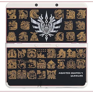 May include: A white Nintendo 3DS handheld game console with a black screen featuring gold and white graphics. The console has the text "MONSTER HUNTER 4 ULTIMATE" and a series of icons.