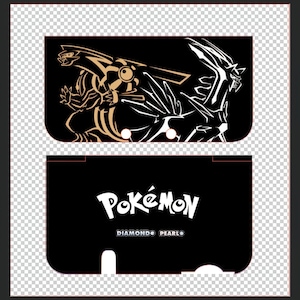 May include: A black decal skin for a handheld gaming console featuring a stylized gold and white graphic of Dialga and Palkia on the top section. The bottom section displays the white text Pokémon with Diamond and Pearl printed below it.