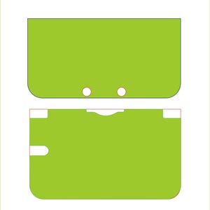 May include: A lime green, two-piece skin or decal set for a handheld gaming device. The top piece has two circular cutouts. The bottom piece has a curved cutout and a rectangular cutout. The edges are rounded.