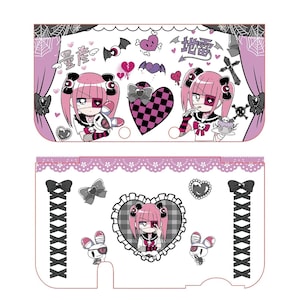 May include: A two-part, pink and white illustrated card featuring anime-style characters with pink hair, bats, hearts, and bows. The top section has Japanese text and a checkered heart. The bottom section has a heart-shaped design with a character and bunny figures.