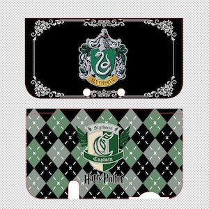 May include: Two phone cases featuring the Slytherin crest from Harry Potter. One case is black with the crest and the word "Slytherin". The other case has a green, black, and white argyle pattern with the crest and the words "Captain" and "Harry Potter".