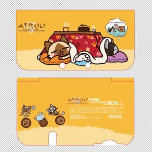 May include: A yellow New Nintendo 3DS LL cover plate featuring Airou from Monster Hunter. The top shows cats resting under a kotatsu with a thought bubble. The bottom displays three cats interacting with barrels and includes technical text and logos.