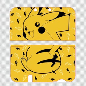 May include: A yellow protective skin for a handheld gaming console featuring a black line art illustration of the character Pikachu. The design includes a pattern of black and white lightning bolt icons scattered across the bright yellow surface.
