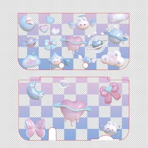 May include: A whimsical design featuring pastel-colored celestial and heart-shaped elements. The design includes moons, planets, clouds, stars, and a butterfly, all set against a checkered background. The color palette is soft, with shades of pink, blue, and white.