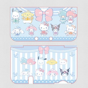 May include: A light blue and white patterned accessory featuring cartoon characters, bows, and nautical elements. The design includes characters like Hello Kitty, My Melody, and others, with a sailor theme. The accessory has a rectangular shape with rounded edges.