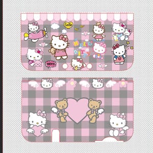May include: A pink and gray plaid design featuring Hello Kitty characters and teddy bears. The design includes the text "Hello Kitty" and other phrases. The overall theme is cute and playful, with a cartoon style.