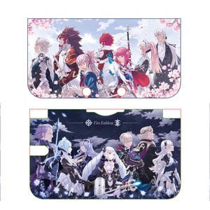 Puede incluir: Una carcasa de consola en dos partes con ilustraciones de personajes de Fire Emblem. El panel superior muestra personajes entre flores de cerezo rosas bajo un cielo azul. El panel inferior muestra personajes bajo un cielo nocturno con el texto Fire Emblem.