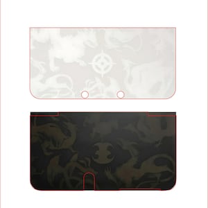 May include: Two Nintendo 3DS console skins. The top skin is white with a dragon and symbol pattern. The bottom skin is black with a gold dragon and symbol pattern. The skins are designed to protect the console.