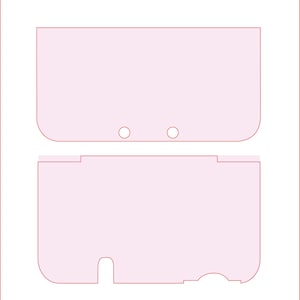 May include: A light pink protective skin decal for a handheld gaming console, featuring two distinct pieces. The top piece has two circular cutouts, while the bottom piece includes specific cutouts for ports and buttons on the device.