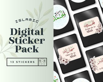 Può includere: Un pacchetto di adesivi digitali islamici con 13 adesivi. Gli adesivi presentano calligrafia araba e disegni floreali su sfondo nero. Il testo include frasi come "Gloria ad Allah".