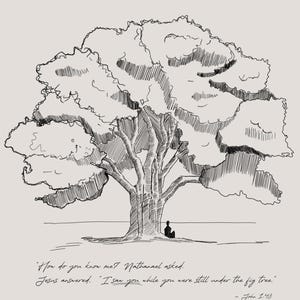 May include: A black and white line drawing of a large tree with a person sitting beneath it. The text reads, "How do you know me? Nathanael asked. Jesus answered, 'I saw you while you were still under the fig tree.' John 1:48."