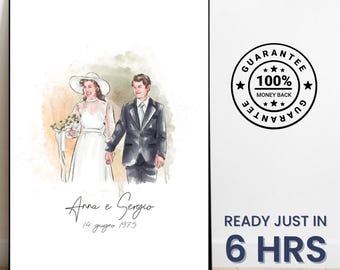 Retrato en acuarela pintado a mano a partir de una foto: Arte personalizado para aniversario de bodas