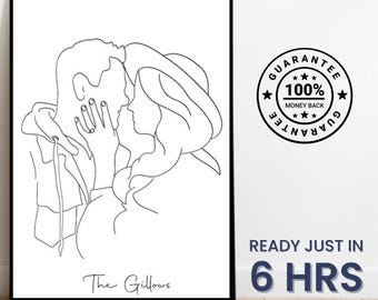 Dibujo de una línea, retrato de pareja personalizado, regalo familiar personalizado, regalo de aniversario de boda personalizado, línea personalizada a partir de una foto