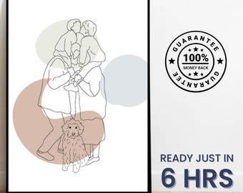 Dibujo de una línea, retrato de pareja personalizado, regalo familiar personalizado, regalo de aniversario de bodas personalizado, línea personalizada a partir de una foto