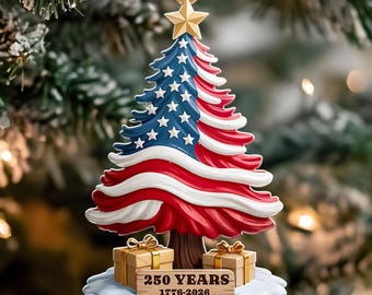 250th Anniversary Ornament 1776-2026, American Flag Christmas Tree Decor, Patriotic Holiday Gift, US History Keepsake, 250 Years of America