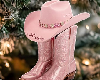 Personalized Pink Cowgirl Hat & Boots Christmas Ornament, Custom Western Bling Xmas Decor, Rodeo Country Gift for Her, Farmhouse Tree Decor