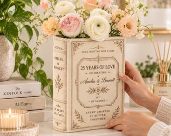 Personalized Ceramic Book Vase, Custom Anniversary Flower Vase With Names and Wedding Date, Milestone Gift for Couple