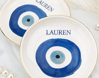 Custom Evil Eye Ring Dish, Personalized Jewelry Tray with Name, Gold Rim Trinket Dish, Protection Charm Gift, Custom Name Good Luck Charm