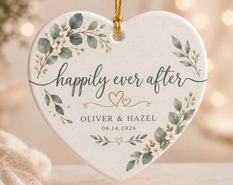 Personalized Wedding Ceramic Ornament, Custom Couple Names Heart Keepsake, Happily Ever After Anniversary Gift