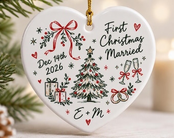 First Christmas Married Ceramic Ornament, Personalized Couple Heart Keepsake, Custom Names Newlywed Wedding Gift