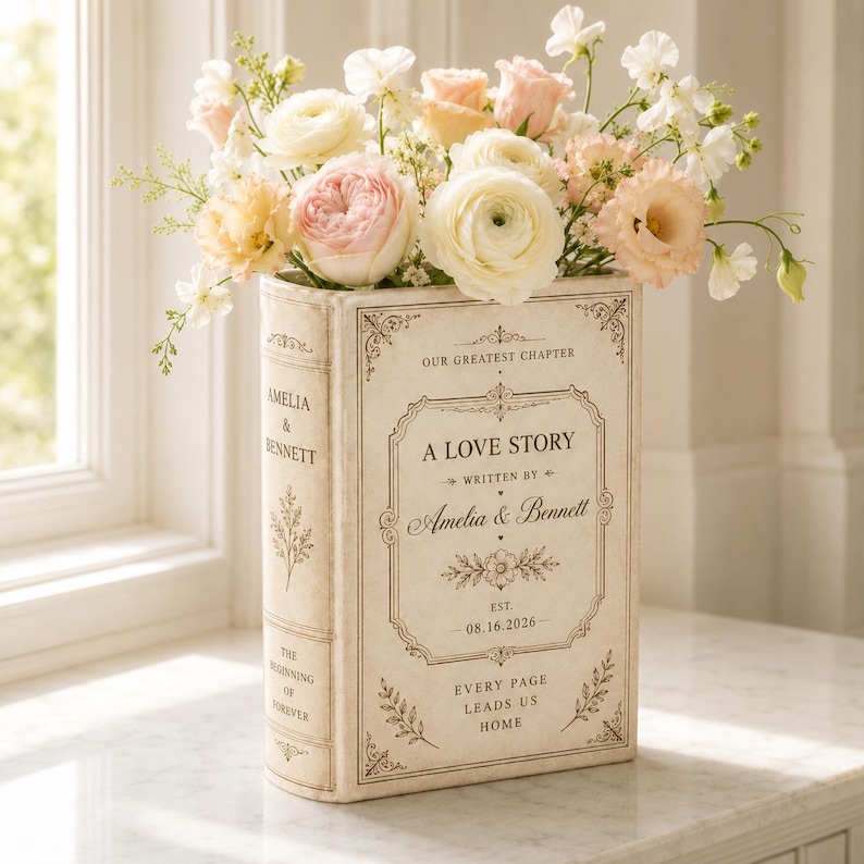 May include: A rectangular off-white book-shaped vase filled with a bouquet of pale pink, cream, and white flowers. The front features text reading A LOVE STORY, WRITTEN BY Amelia & Bennett, EST. 08.16.2026, and OUR GREATEST CHAPTER.