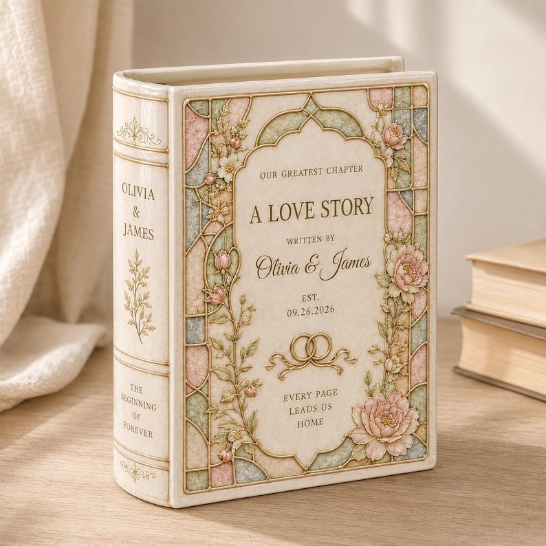 May include: A decorative book-shaped object in cream with pastel floral accents and gold detailing. The cover features the text "OUR GREATEST CHAPTER A LOVE STORY WRITTEN BY OLIVIA & JAMES EST. 09.26.2026" and two interlocking rings. The spine reads "OLIVIA & JAMES" and "THE BEGINNING OF FOREVER."