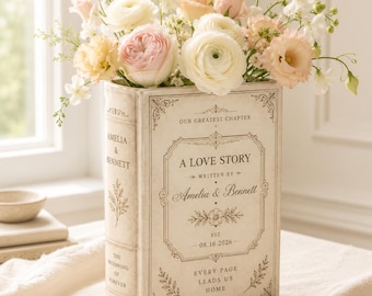 Personalized Ceramic Book Vase, Custom Wedding Love Story Flower Vase With Names, Vintage Floral Couple Decor Gift