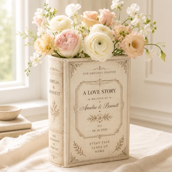 Personalized Ceramic Book Vase, Custom Wedding Love Story Flower Vase With Names, Vintage Floral Couple Decor Gift
