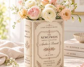 Personalized Ceramic Book Vase, Custom Newlywed Flower Vase With Names and Wedding Date, Bridal Shower Gift