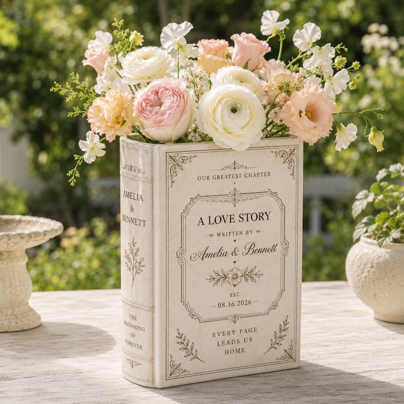 May include: A rectangular off-white ceramic vase shaped like a book, filled with pink and white flowers. The front features text reading A LOVE STORY, WRITTEN BY Amelia & Bennett, EST. 08.16.2026, and EVERY PAGE LEADS US HOME. The spine reads AMELIA & BENNETT.
