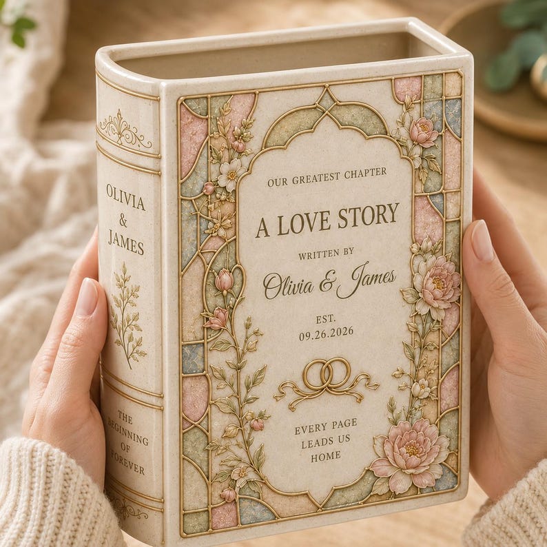 May include: A cream-colored ceramic book-shaped vase featuring a stained-glass style floral border in pastel pink, blue, and green. The front displays the text "OUR GREATEST CHAPTER A LOVE STORY WRITTEN BY OLIVIA & JAMES EST. 09.26.2026" with two gold rings.