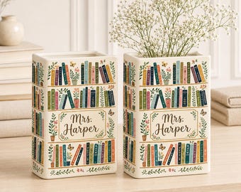 Personalized Ceramic Book Vase, Custom Teacher Name, Floral Bookshelf Decor, Book Lover Gift for Classroom or Office