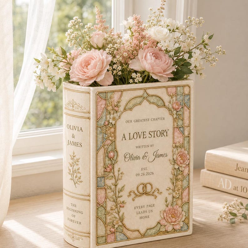 May include: A rectangular book-shaped vase in cream with gold accents, featuring floral patterns and stained glass-style borders. The text reads: A LOVE STORY, WRITTEN BY Olivia & James, EST. 09.26.2026, OUR GREATEST CHAPTER, EVERY PAGE LEADS US HOME.