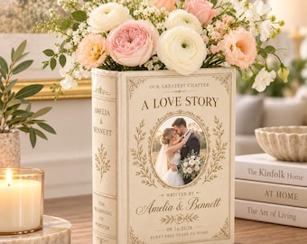 Personalized Ceramic Book Vase With Photo, Custom Wedding Flower Vase With Names and Date, Anniversary Gift for Couple