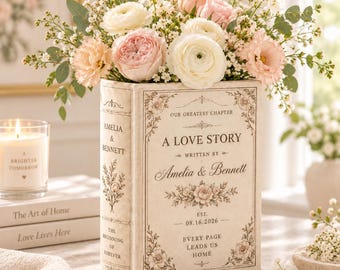 Personalized Ceramic Book Vase, Vintage Floral Love Story Vase With Names and Date, Wedding Keepsake for Couple