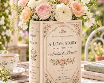Personalized Ceramic Book Vase, Custom Love Story Flower Holder With Names and Date, Peach Floral Wedding Gift