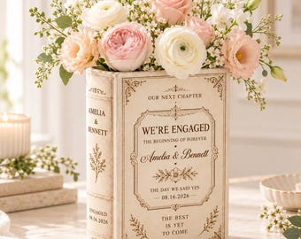 Personalized Ceramic Book Vase, Custom Engagement Flower Vase With Names and Date, Vintage Floral Gift for Couple