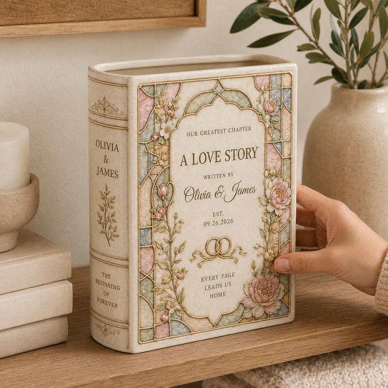 May include: A cream-colored decorative book-shaped vase featuring a stained-glass style border with pink and green floral accents. The front text reads: Our Greatest Chapter, A Love Story, Written by Olivia & James, Est. 09.26.2026, Every Page Leads Us Home.