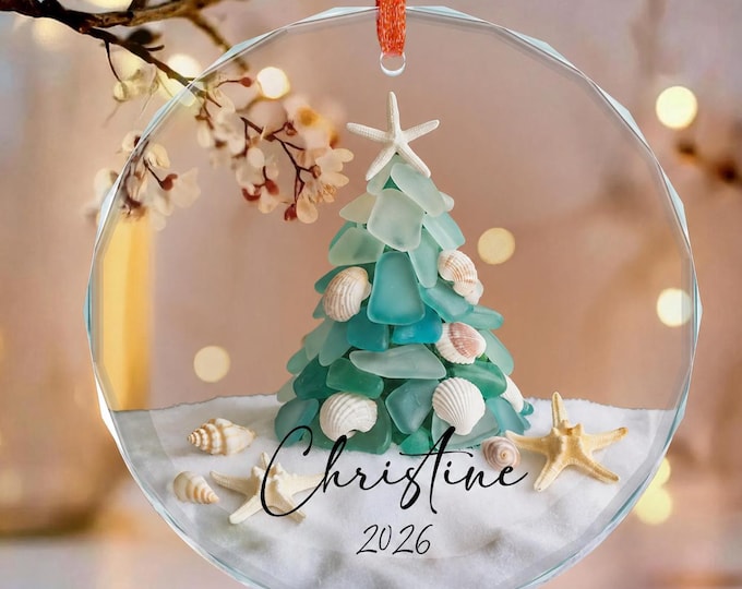 Personalized Sea Glass Christmas Tree Ornament, Beach Christmas, Ocean Lover Gift, Coastal Ornament, Christmas Tree 2D With Shells, Starfish