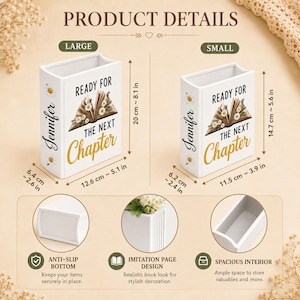 May include: Two white book-shaped containers with the text 'READY FOR THE NEXT Chapter' and a daisy-adorned book illustration. The large container measures 5.1 inches by 2.6 inches by 8.1 inches, and the small one measures 3.9 inches by 2.4 inches by 5.6 inches.