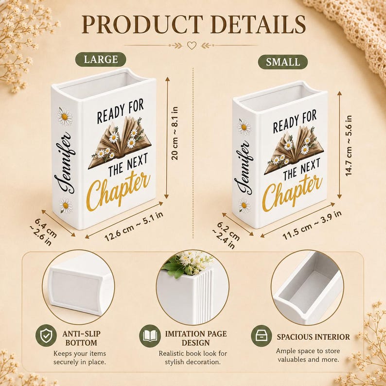 May include: Two white book-shaped containers with the text 'READY FOR THE NEXT Chapter' and a daisy-adorned book illustration. The large container measures 5.1 inches by 2.6 inches by 8.1 inches, and the small one measures 3.9 inches by 2.4 inches by 5.6 inches.