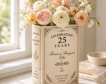 Personalized Ceramic Book Vase, Custom 25th Anniversary Flower Vase With Names, Vintage Couple Keepsake Gift