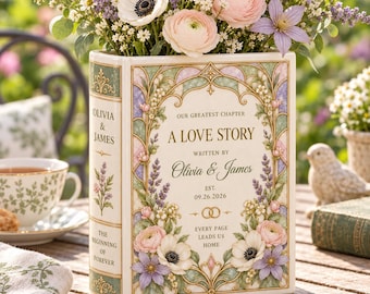 Personalized Ceramic Book Vase, Custom Wedding Love Story Vase With Names and Date, Stained Glass Floral Couple Gift