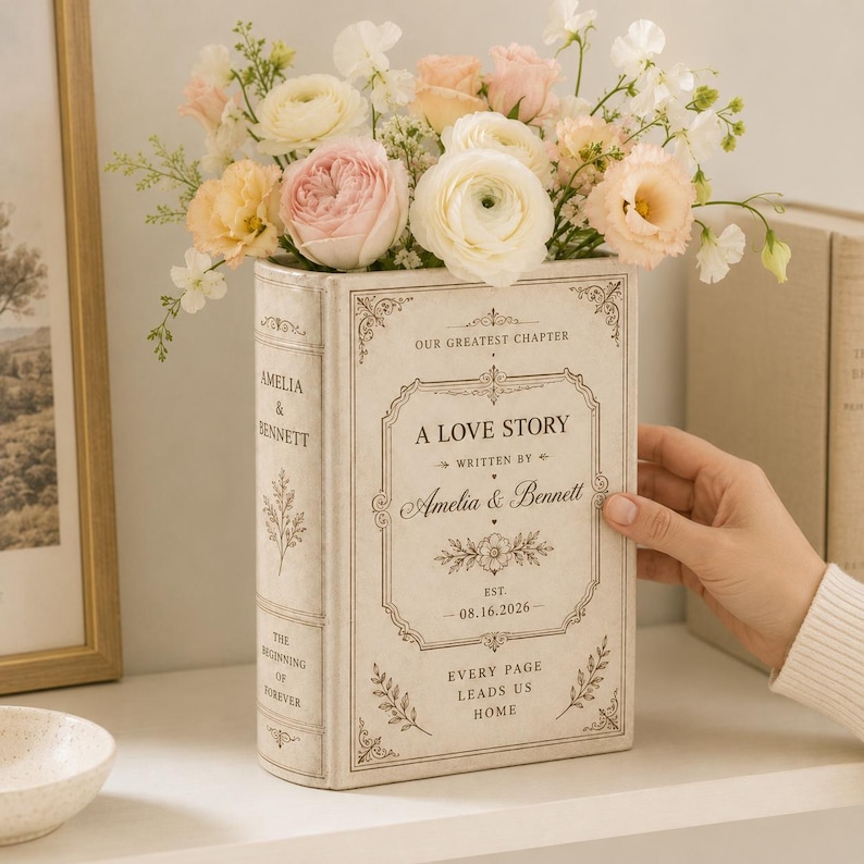 May include: A rectangular off-white book-shaped vase featuring decorative borders and text that reads A LOVE STORY, WRITTEN BY Amelia & Bennett, OUR GREATEST CHAPTER, EST. 08.16.2026, EVERY PAGE LEADS US HOME, filled with a bouquet of pink and white flowers.