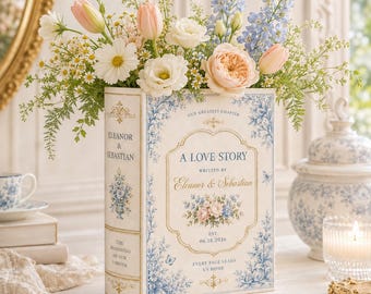 Personalized Ceramic Book Vase, Custom Wedding Love Story Flower Vase With Names, Vintage Floral Couple Decor Gift