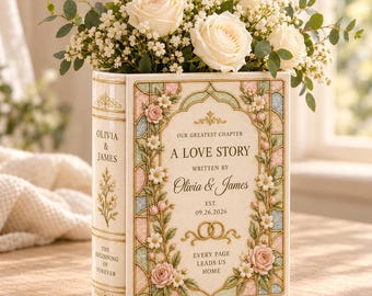 Personalized Ceramic Book Vase, Custom Wedding Flower Vase With Names and Date, Blush Stained Glass Floral Couple Gift