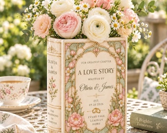 Personalized Ceramic Book Vase, Stained Glass Style Floral Love Story Vase With Names and Date, Wedding Gift for Couple