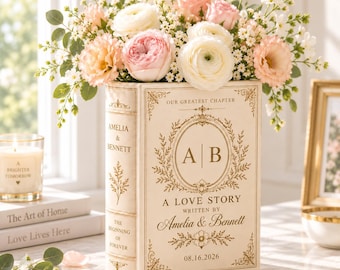 Personalized Ceramic Book Vase, Custom Initials and Couple Names Flower Vase, Vintage Wedding or Anniversary Gift